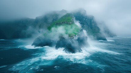 Fototapeta premium The aerial view of the amazing island is covered in fog. Aesthetic calm background. Tranquil landscape. Generative AI