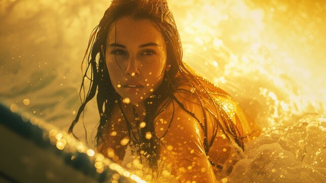 Wave rider's essence: portrait of a woman surfing - depicting the beauty and determination of a woman immersed in the exhilarating world of surfing, embracing thrill of the sea and her own strength.