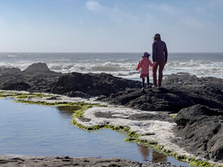 a family walks along the rocks near the sea