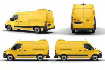 Small cargo van of yellow color, front, side and rear view on a white background. Car for the delivery of goods 3D avatars set vector icon, white background, black colour icon