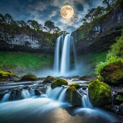 A majestic waterfall thundering down moss-covered cliffs, sending up mist that catches the light of...