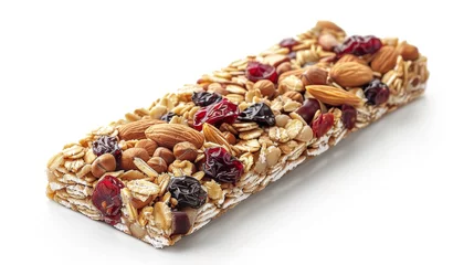 Foto op Plexiglas anti-reflex Crunchy granola bar with oats, nuts, honey, and berries close up on white background © RECARTFRAME CH