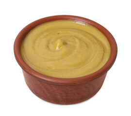 Fresh tasty mustard sauce in bowl isolated on white