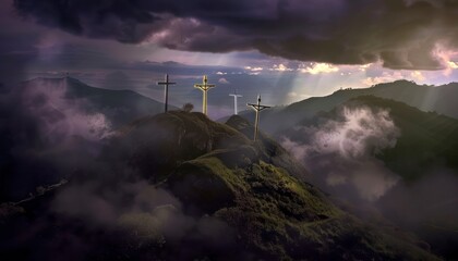 Obraz premium The Christian themed on a background with dramatic at dawn, with a beautiful sea of ​​clouds, dark clouds and sky and sunbeams