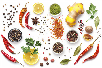 Spicy mixture of spices with chopped lemon peel, chili, peppercorns (black, green and red), mustard seeds, allspice, chopped ginger, isolated on white, top view vector icon, white background, black co