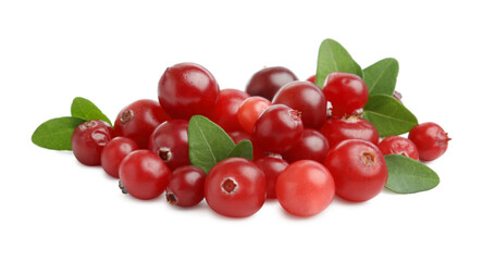 Pile of fresh ripe cranberries with leaves isolated on white