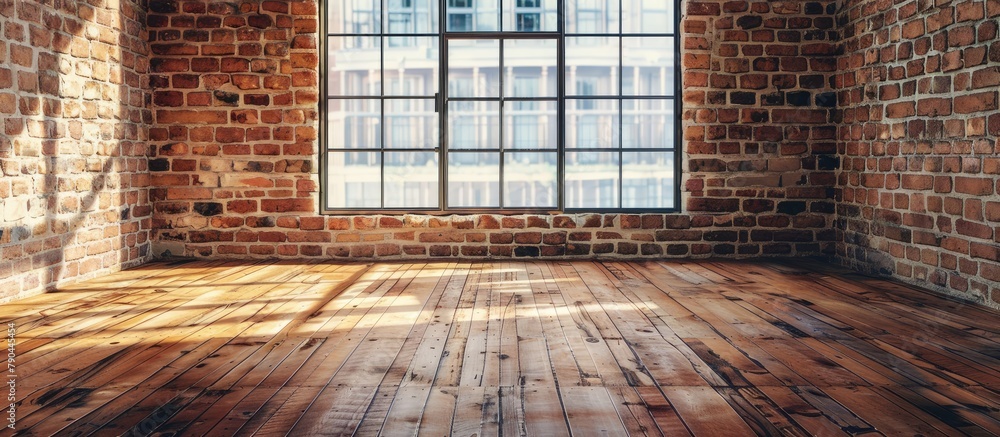 Sticker a window in a brick wall with a wooden floor