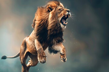 Roaring male lion in a jump. Selective focus. © vachom
