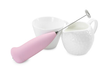 Milk frother wand, cup and pitcher isolated on white