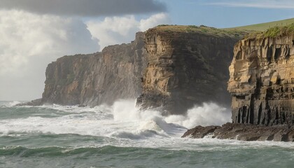 A rugged coastal headland battered by crashing waves, with sheer cliffs carved into fantastical...