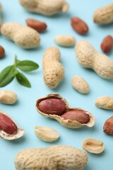Fresh peanuts and leaves on light blue table, above view