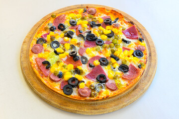 Delicious mixed pizza with rich content. Menu concept of choice and diversity. Pepperoni, Formaggi, Veggie, Karisik pizza