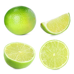 Fresh ripe limes isolated on white, collection