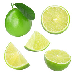 Fresh ripe limes isolated on white, collection