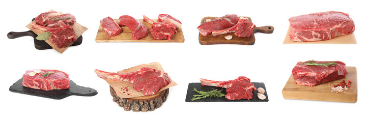 Raw beef steaks isolated on white, set