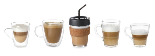 Set of different coffee drinks drinks in glass cup on white background