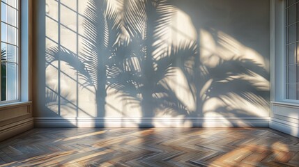 Interior room with plain wall and shadows of a palm tree by a window. 