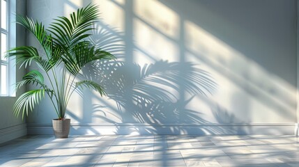 Interior room with plain wall and shadows of a palm tree by a window. 