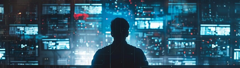 A human silhouette filled with circuitry and code, standing at a control panel manipulating virtual data streams, integration of AI and human effort