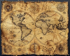 An ancient map unfurling across a globe, dotted with navigational instruments and mysterious lands, aged parchment, high detail
