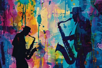 A jazz saxophonists silhouette against a backdrop of splattered ink notes, nocturnal jazz club vibes, abstract expressionism - obrazy, fototapety, plakaty