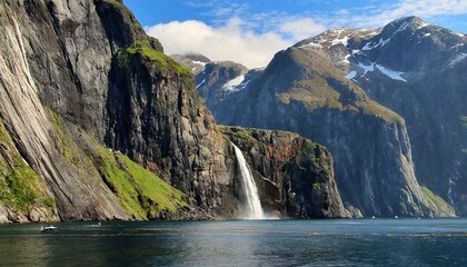 A dramatic fjord landscape, where sheer cliffs rise from crystal-clear waters, their rugged faces...