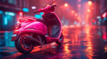 an electric scooter on the futuristic city background - obrazy, fototapety, plakaty