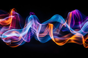 Energetic neon waves dance. Dynamic artwork on black background.