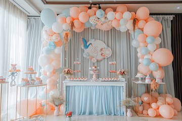 Baby shower party. Table with desserts, cakes in the theme of a gender reveal party for expectant and young parents in pink and blue tones. - 790448000