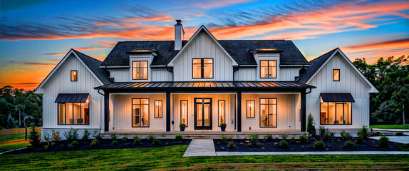 Beautiful modern farmhouse style luxury home exterior at twilight