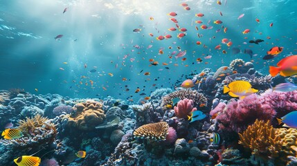 Obraz na płótnie Canvas A vibrant underwater wonderland showcasing coral reefs and exotic fish in the Indian Ocean, specifically in the Maldives. It's an invitation to dive into the depths and explore the mesmerizing marine 