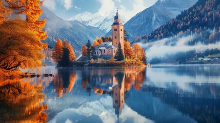 A stunning autumnal view of the Tower of the sunken church in Resia Lake. This picturesque morning scene captures the beauty of the Italian Alps in South Tyrol, Italy, Europe