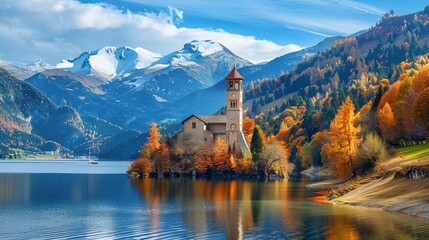 A stunning autumnal view of the Tower of the sunken church in Resia Lake. This picturesque morning scene captures the beauty of the Italian Alps in South Tyrol, Italy, Europe - obrazy, fototapety, plakaty