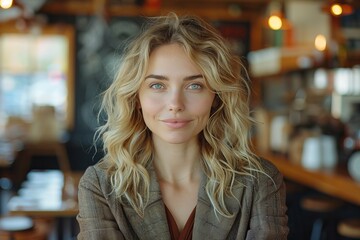 Blond woman in blazer smiling at camera in restaurant