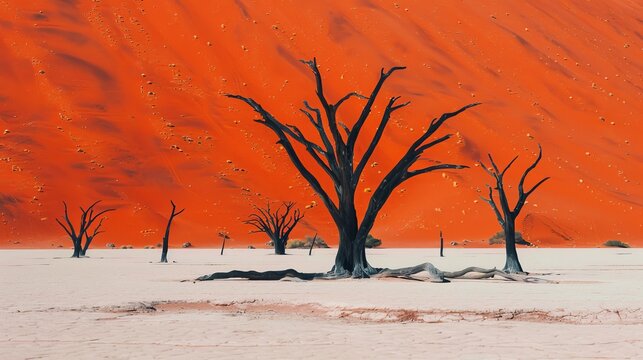A mirage at Deadvlei, Namibia, where dried-out camelthorn trees are surrounded by red sand dunes.