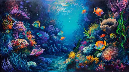 Fototapeta na wymiar In the serene depths of the ocean, colorful creatures sway in a beautiful dance, forming a magical underwater wonderland.