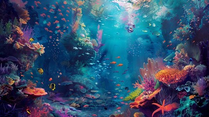 In the serene depths of the ocean, colorful creatures sway in a beautiful dance, forming a magical underwater wonderland.