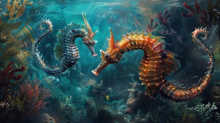A stunning digital painting portraying seahorses and sea dragons in an enchanting underwater wonderland. - obrazy, fototapety, plakaty