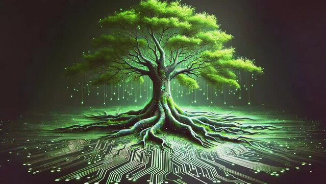 Video of a tree with green leaves and roots is surrounded by a black background