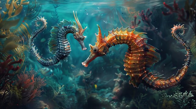 A stunning digital painting portraying seahorses and sea dragons in an enchanting underwater wonderland.