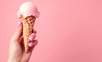mano de mujer sosteniendo un helado con fondo rosa - obrazy, fototapety, plakaty