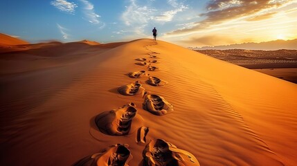Strolling solo through the desert with footprints trailing behind.
