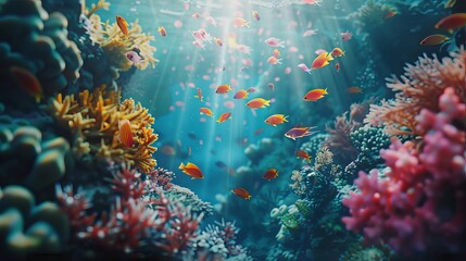 A vibrant underwater wonderland showcasing coral reefs and exotic fish in the Indian Ocean, specifically in the Maldives. It's an invitation to dive into the depths and explore the mesmerizing marine 