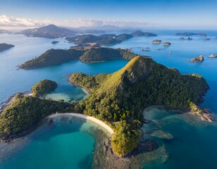 Top view, An archipelago of islands scattered across the ocean, each one a tiny jewel with its own unique blend of beaches, forests, and volcanic peaks, all seen from above. - obrazy, fototapety, plakaty