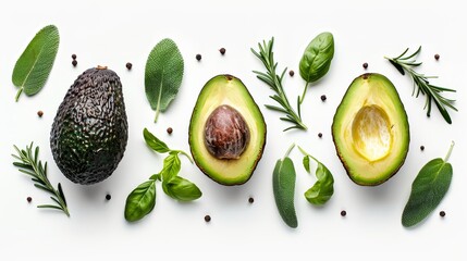 Fresh avocado trio  whole and halved with herbs, white background, indoor lighting, realistic style