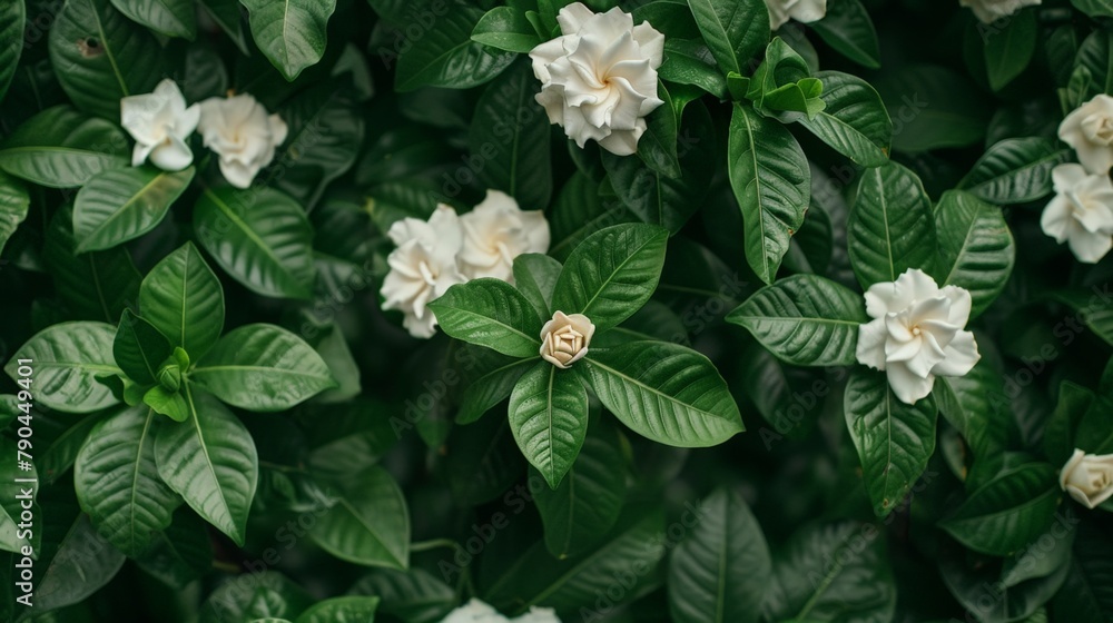 Wall mural a white flower with green leaves