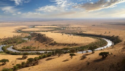 Top view, A sprawling savanna landscape, its golden grasslands stretching out in undulating waves...