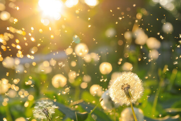 Dandelions Releasing Pollen at Sunset, Allergy Concept