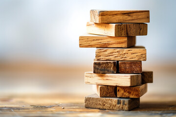 Wooden Blocks Stacked in a Tower, Concept of Stability and Precision - obrazy, fototapety, plakaty