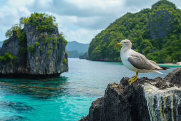 Seagull Overlooking Tropical Waters, Cliffside Perch, Exotic Destination